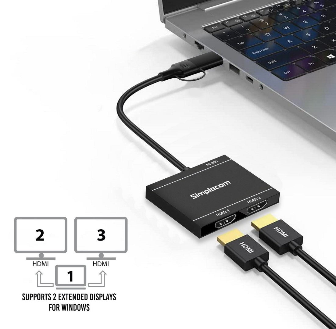 Simplecom DA327 USB 3.0 or USB-C to Dual HDMI Display Adapter for 2x 1080p Extended Screens - Not... - Image 2