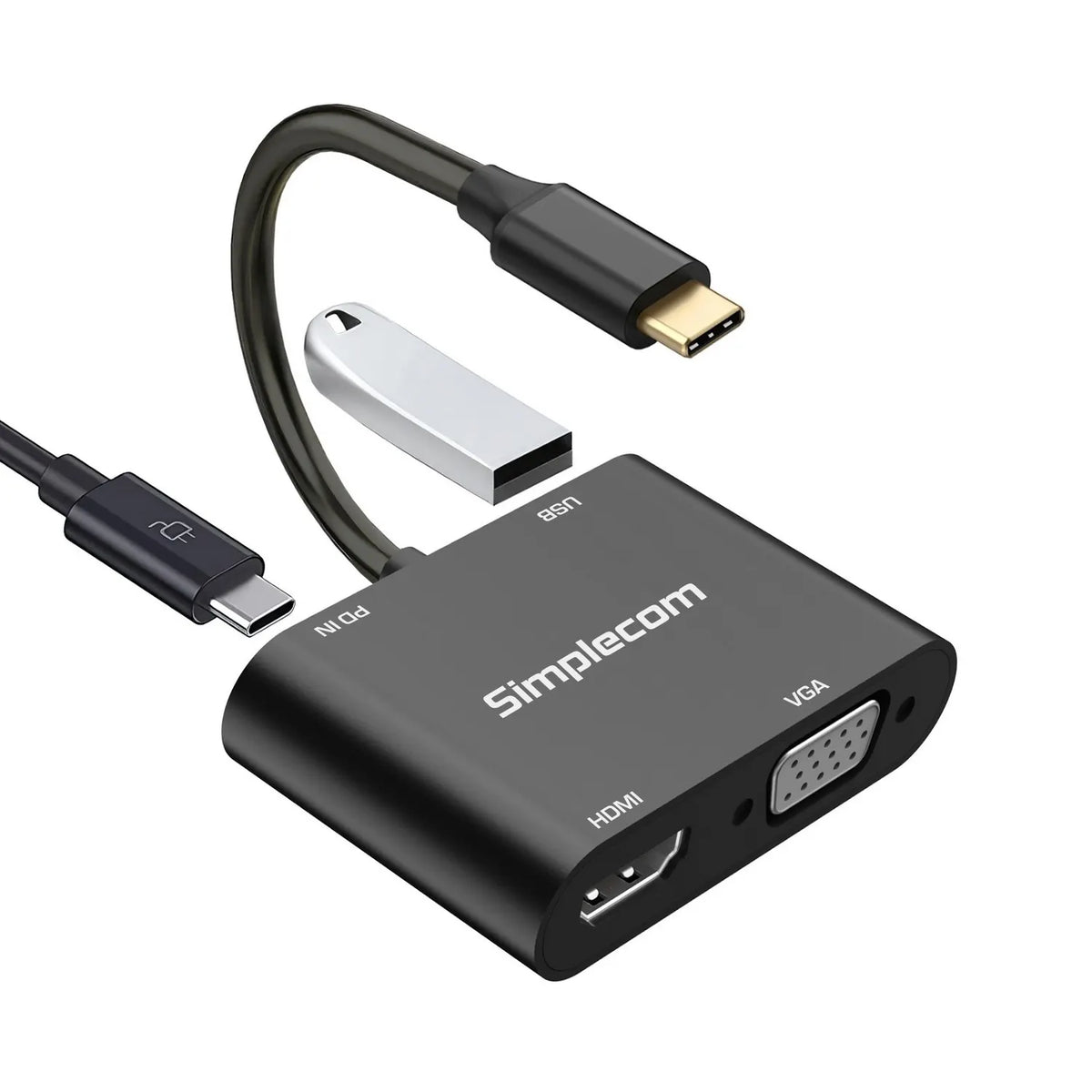 (LS)Simplecom DA440 4-in-1 USB-C Multiport Adapter with Power Delivery USB 3.0 VGA HDMI - USB, Bl...