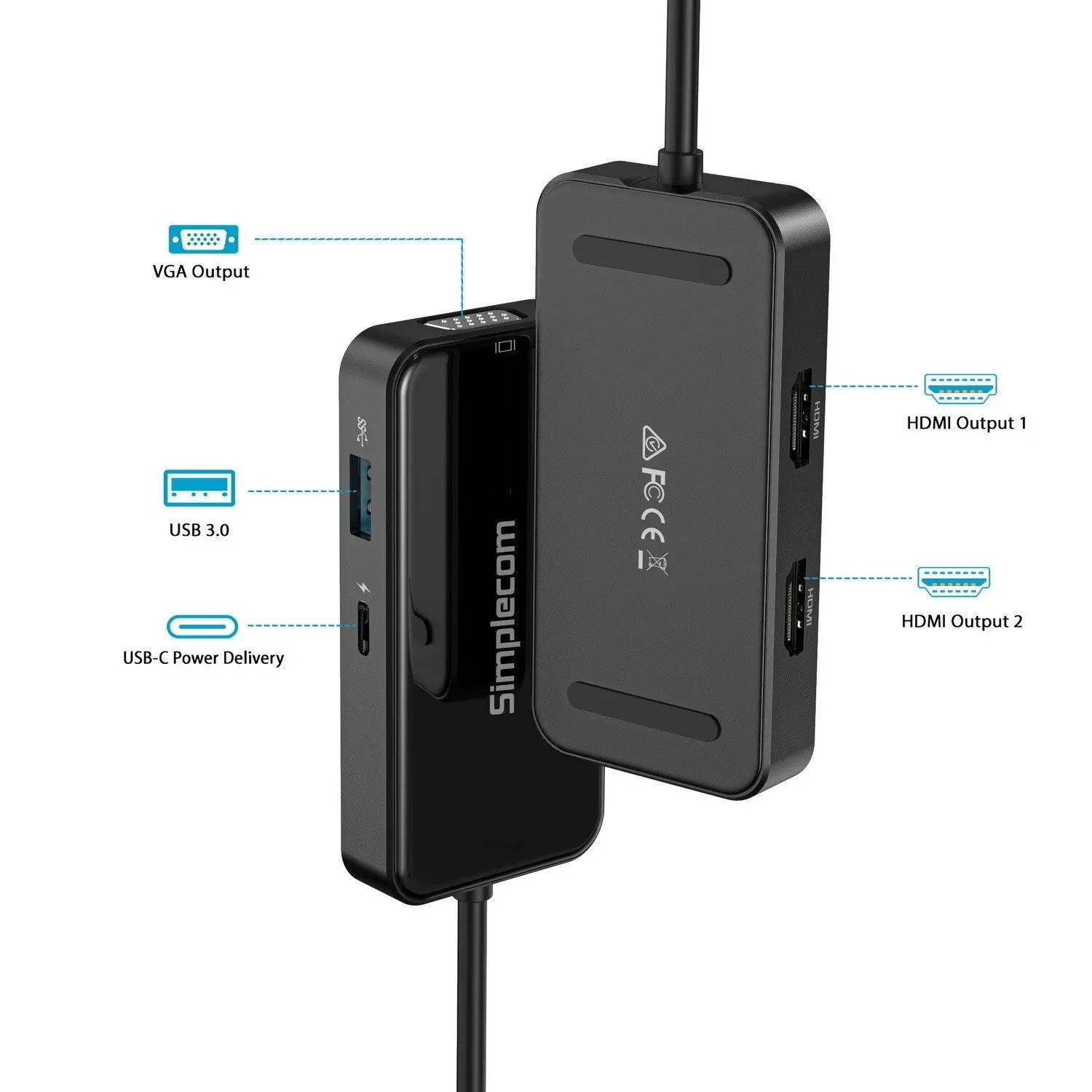 Simplecom DA451 5-in-1 USB-C Multiport Adapter MST Hub with VGA and Dual HDMI - USB, Bluetooth  IEEE - Image 3