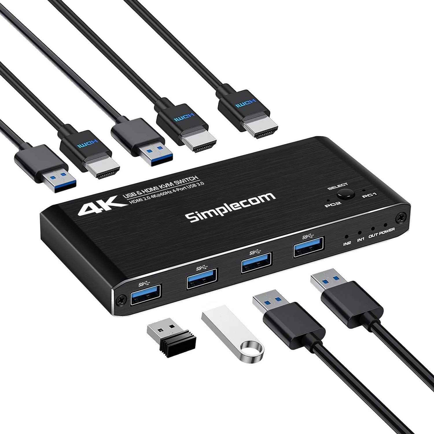 Simplecom KM420 2-Port HDMI KVM Switch HDMI 2.0 4K@60Hz 4-Port USB 3.0 Hub 5Gbps - USB, Bluetooth... - Image 2