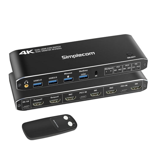 Simplecom KM430 Dual HDMI Monitor KVM Switch for 2 Computers with 4-Port USB Hub 4K@60Hz Keyboard...