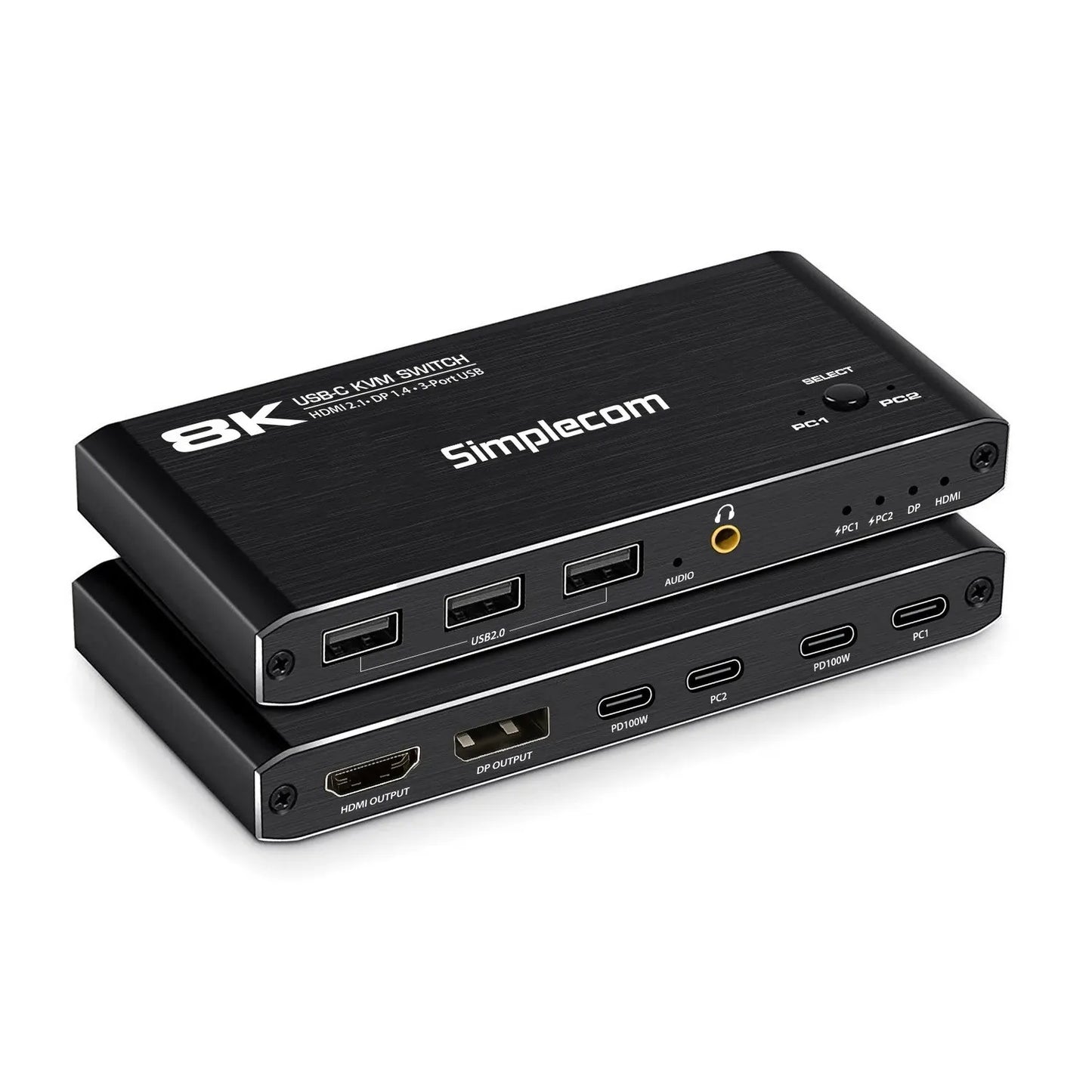 Simplecom KM470 2-Port USB-C KVM Switch 8K Docking Station HDMI 2.1 DP for Laptop Tablet - Notebo...