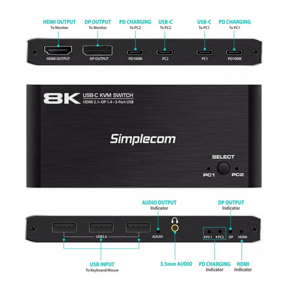 Simplecom KM470 2-Port USB-C KVM Switch 8K Docking Station HDMI 2.1 DP for Laptop Tablet - Notebo... - Image 3