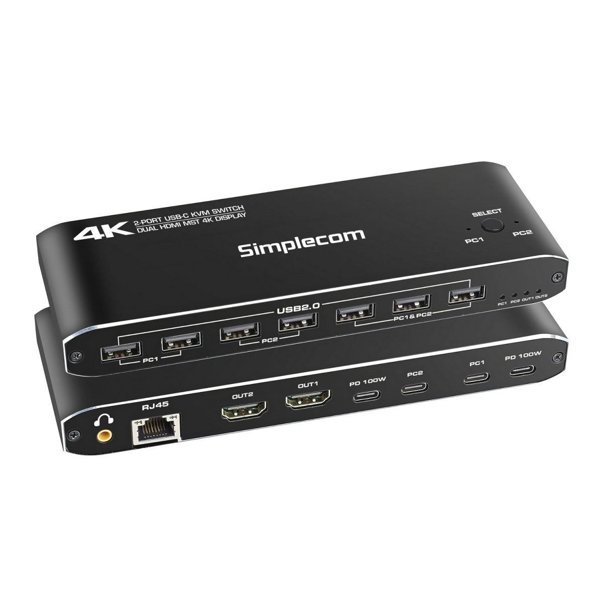 Simplecom KM590 2-Port USB-C Dual 4K HDMI Monitor KVM Switch and Docking Station with Network Sha...