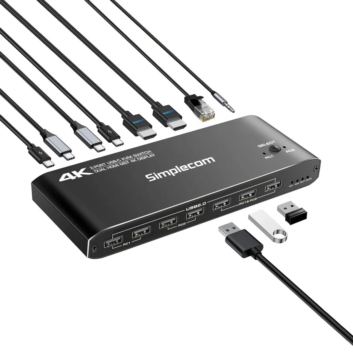 Simplecom KM590 2-Port USB-C Dual 4K HDMI Monitor KVM Switch and Docking Station with Network Sha... - Image 2