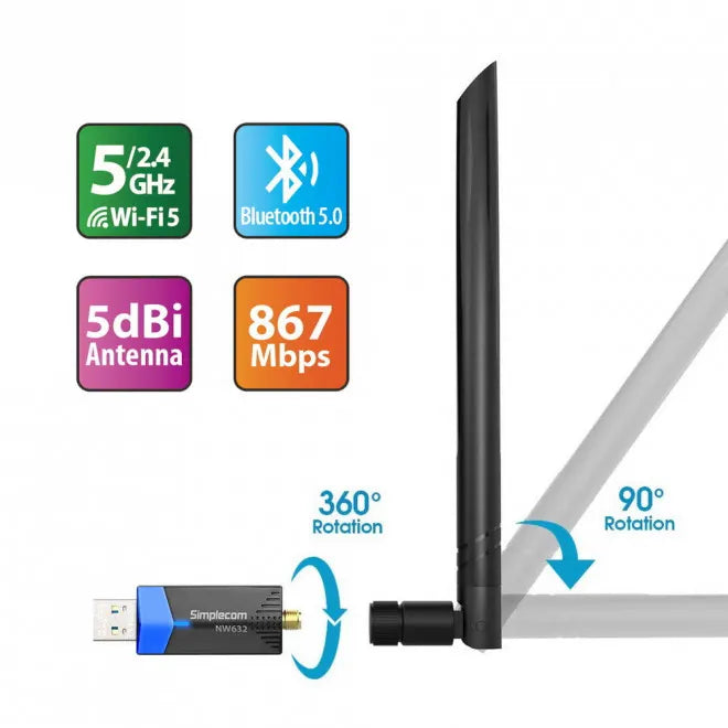 Simplecom NW632 Wi-Fi 5 Bluetooth 5.0 USB Adapter Dual Band AC1200 - Network - Consumer - Image 3