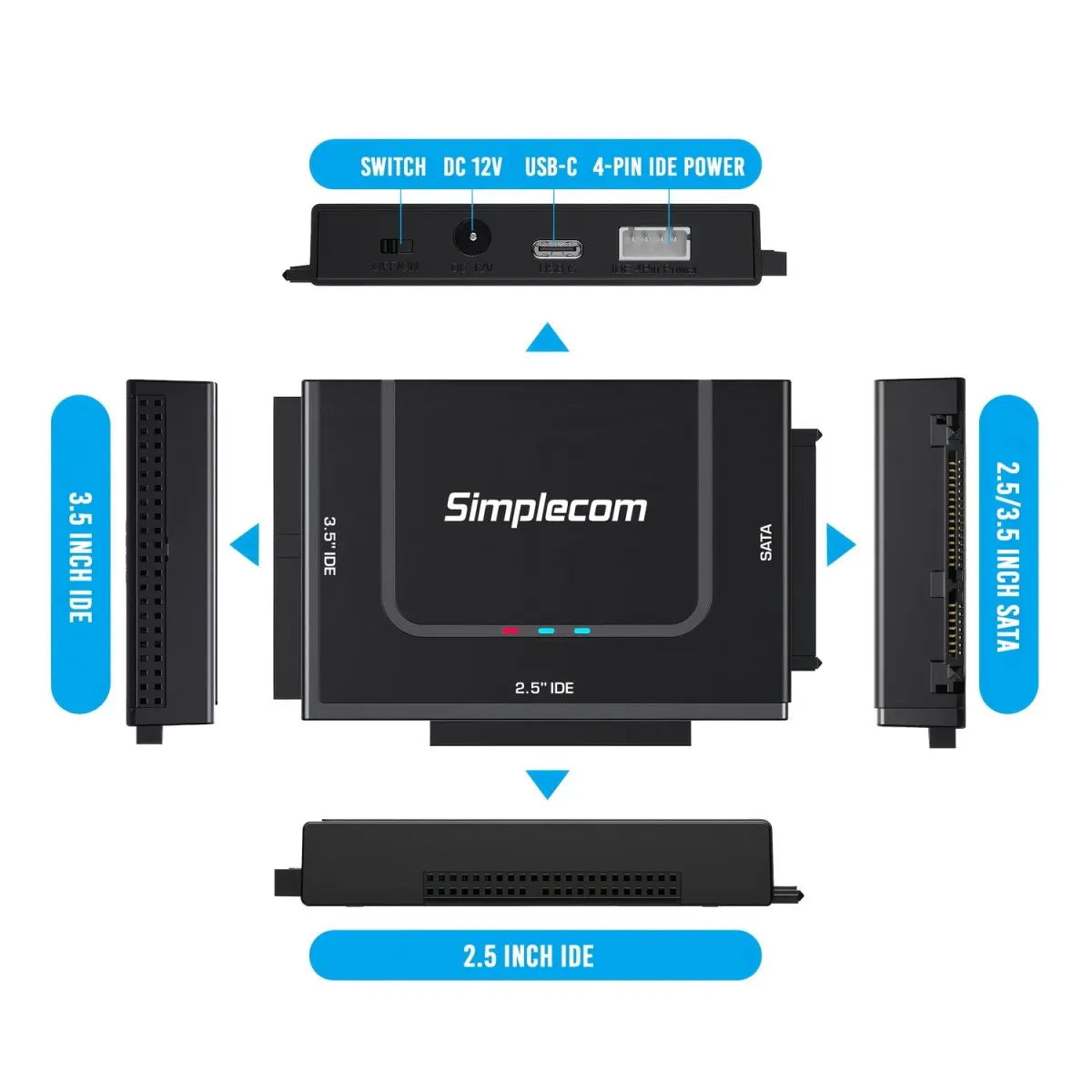 Simplecom SA492C SuperSpeed USB to 2.5', 3.5'  5.25' SATA/IDE Adapter with Power Supply - USB, Bl... - Image 3
