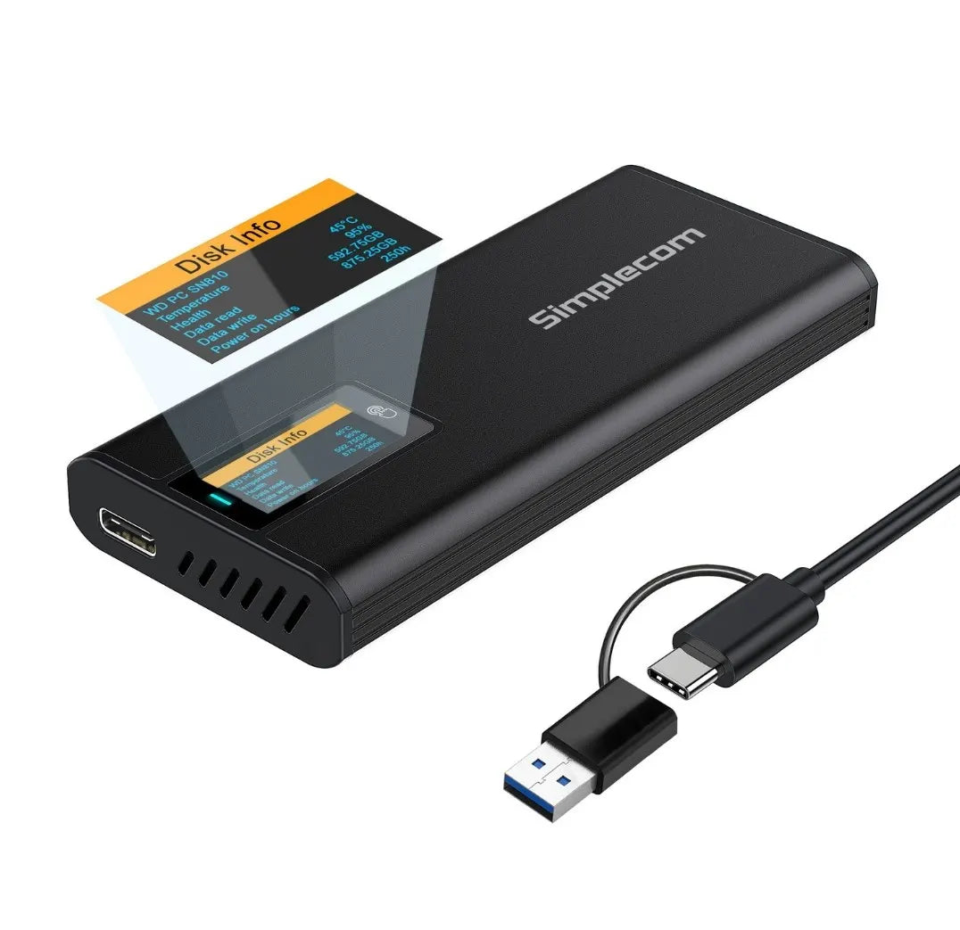 Simplecom SE530 NVMe / SATA M.2 SSD to USB-C Enclosure with SMART LED Screen USB 3.2 Gen 2 10Gbps...