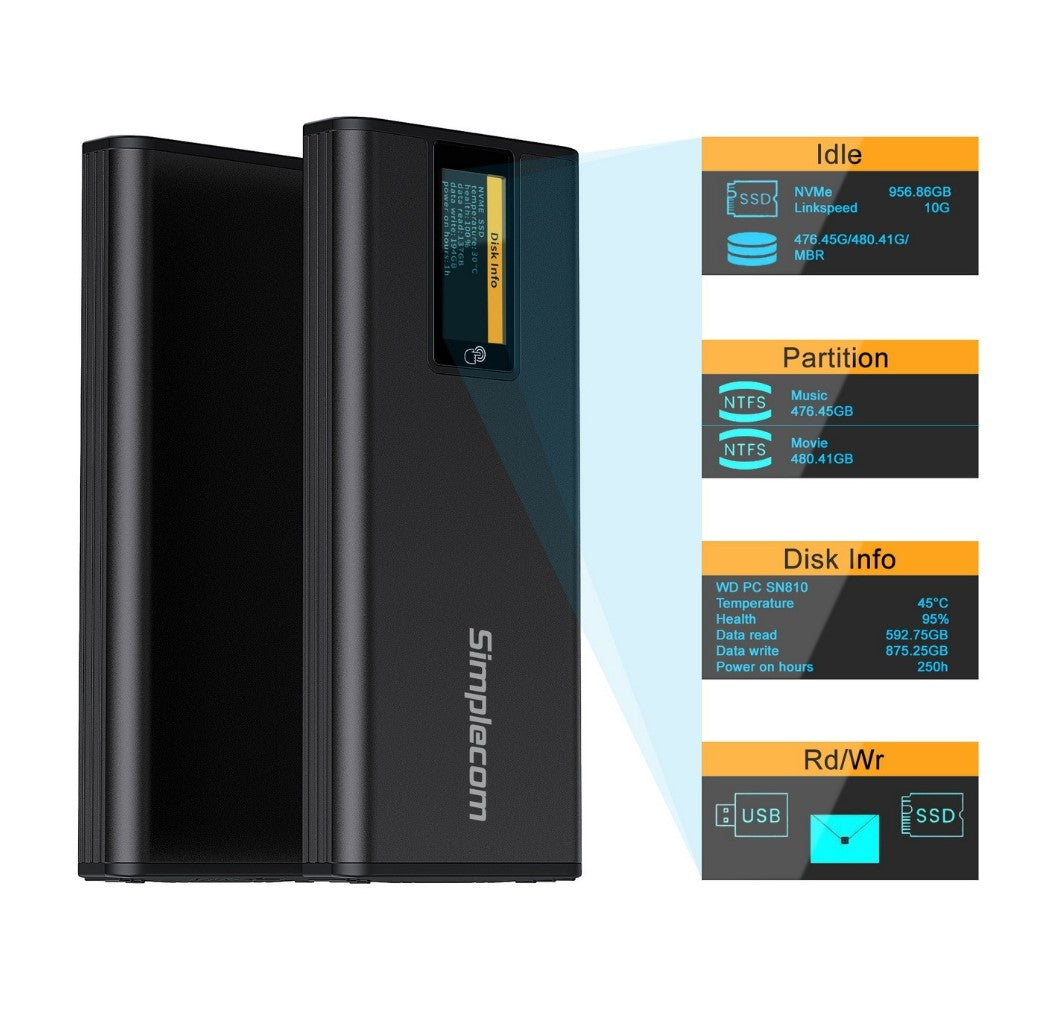 Simplecom SE530 NVMe / SATA M.2 SSD to USB-C Enclosure with SMART LED Screen USB 3.2 Gen 2 10Gbps... - Image 2