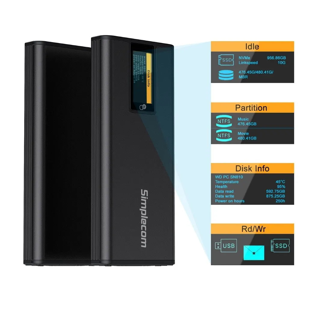 Simplecom SE530 NVMe / SATA M.2 SSD to USB-C Enclosure with SMART LED Screen USB 3.2 Gen 2 10Gbps... - Image 2