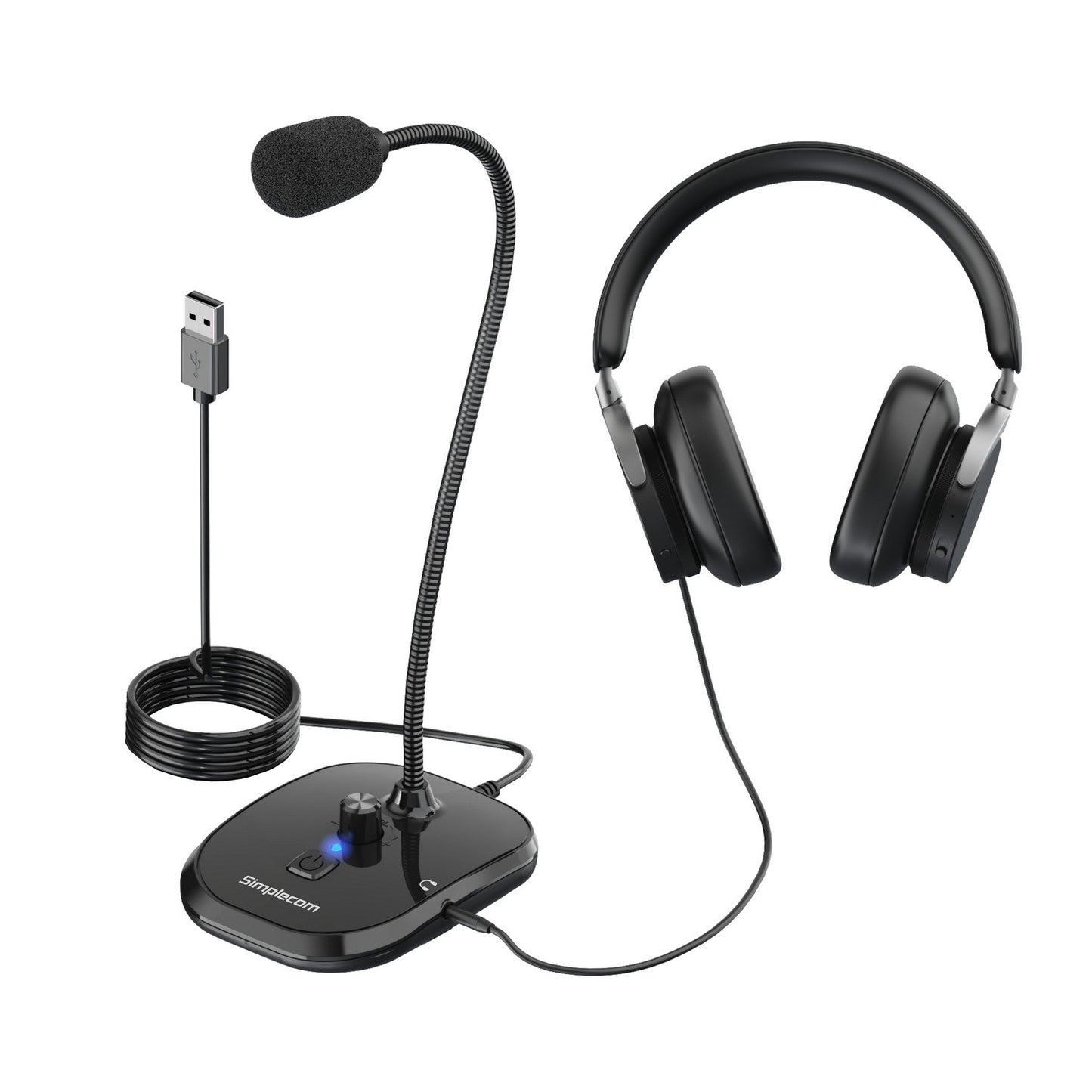 Simplecom UM360 Plug and Play USB Desktop Microphone with Headphone Jack - Speakers, Headsets  Mic - Image 2