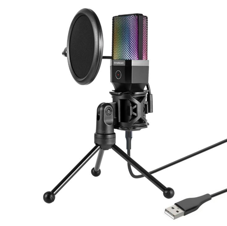 Simplecom UM650 USB Cardioid Condenser Microphone Gaming RGB Lights with Tripod  Pop Filter - Spe...