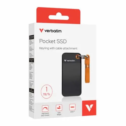 Verbatim 1TB Pocket SSD USB 3.2 Gen 2 1TB Black Orange Convenient Keyring cable holder. Compact,...