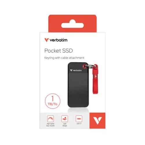 Verbatim 1TB Pocket SSD USB 3.2 Gen 2 1TB Black Red Convenient Keyring cable holder. Compact, Rug...