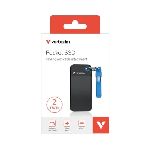 Verbatim Pocket SSD USB 3.2 Gen 2 2TB Black/Blue, Convenient keyring and cable holder keeps your...
