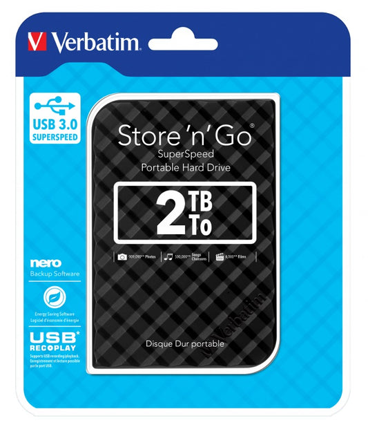 Verbatim 2TB 2.5' USB 3.0 Black Store'n'Go HDD Grid Design, Ultra Portable, High Speed  Capacity. Backup and Store + Nero Backup Software