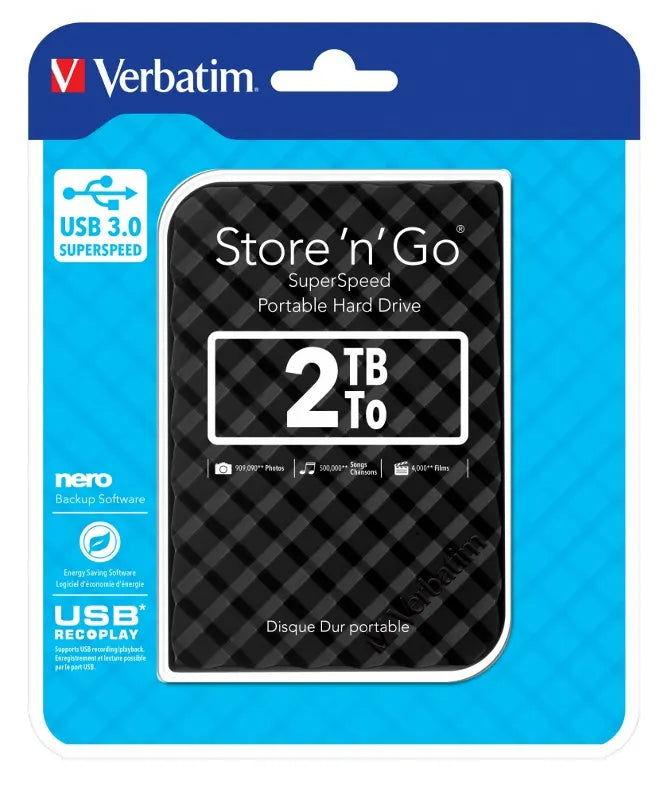 Verbatim 2TB 2.5' USB 3.0 Black Store'n'Go HDD Grid Design, Ultra Portable, High Speed  Capacity....