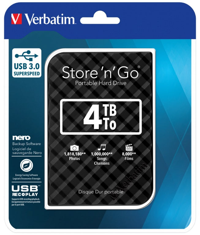 Verbatim 4TB 2.5' USB 3.0 Black Store'n'Go HDD Grid Design. - Hard Drives - External