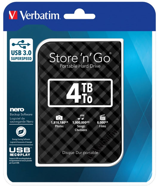 Verbatim 4TB 2.5' USB 3.0 Black Store'n'Go HDD Grid Design. - Hard Drives - External