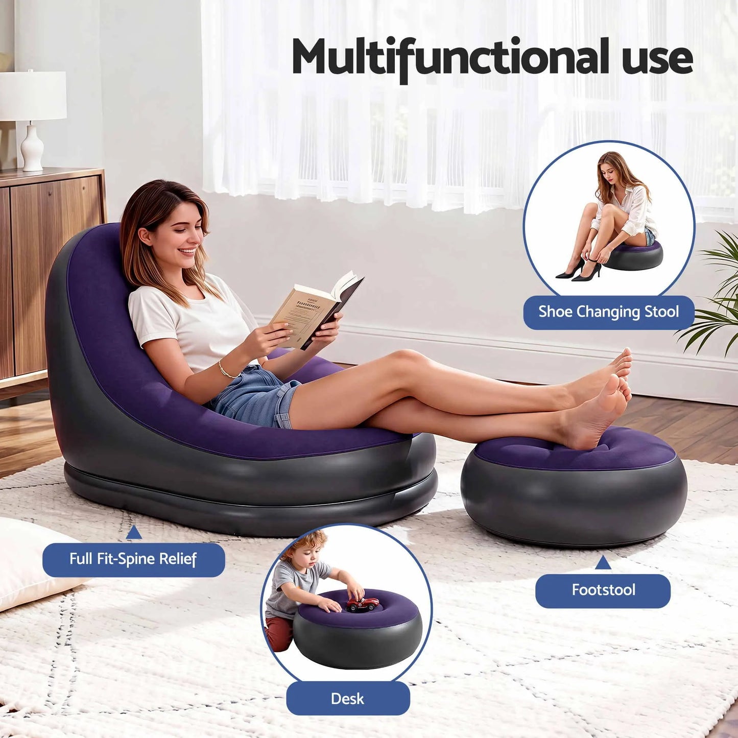 Gardeon Inflatable Chair with Ottoman Air Sofa Blow Up Air Chair for Camping with Pump Purple - Image 4