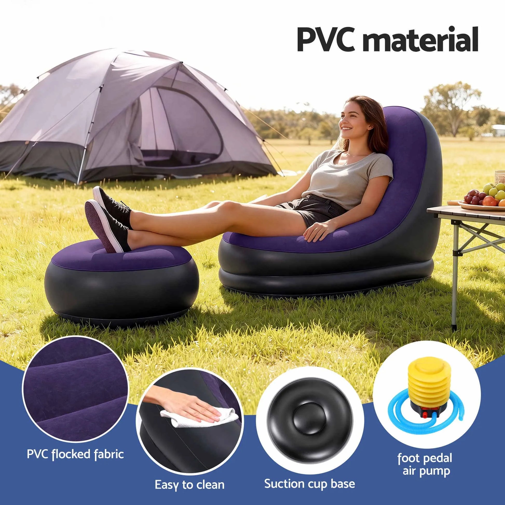 Gardeon Inflatable Chair with Ottoman Air Sofa Blow Up Air Chair for Camping with Pump Purple - Image 5