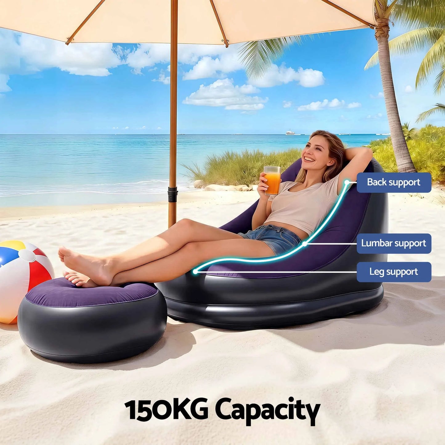Gardeon Inflatable Chair with Ottoman Air Sofa Blow Up Air Chair for Camping with Pump Purple - Image 6