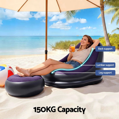 Gardeon Inflatable Chair with Ottoman Air Sofa Blow Up Air Chair for Camping with Pump Purple - Image 6