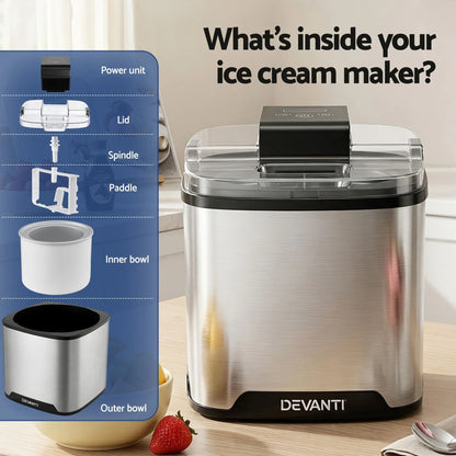 Devanti Ice Cream Maker Slushie Machine 2L Homemade Gelato Sorbet Sliver - Image 6