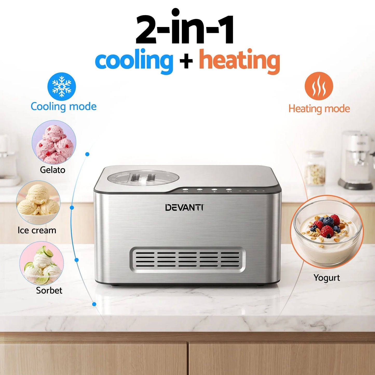Devanti 2L 2-in-1 Ice Cream & Yogurt Maker Machine No Pre-Freezing Homemade Gelato Sorbet - Image 4