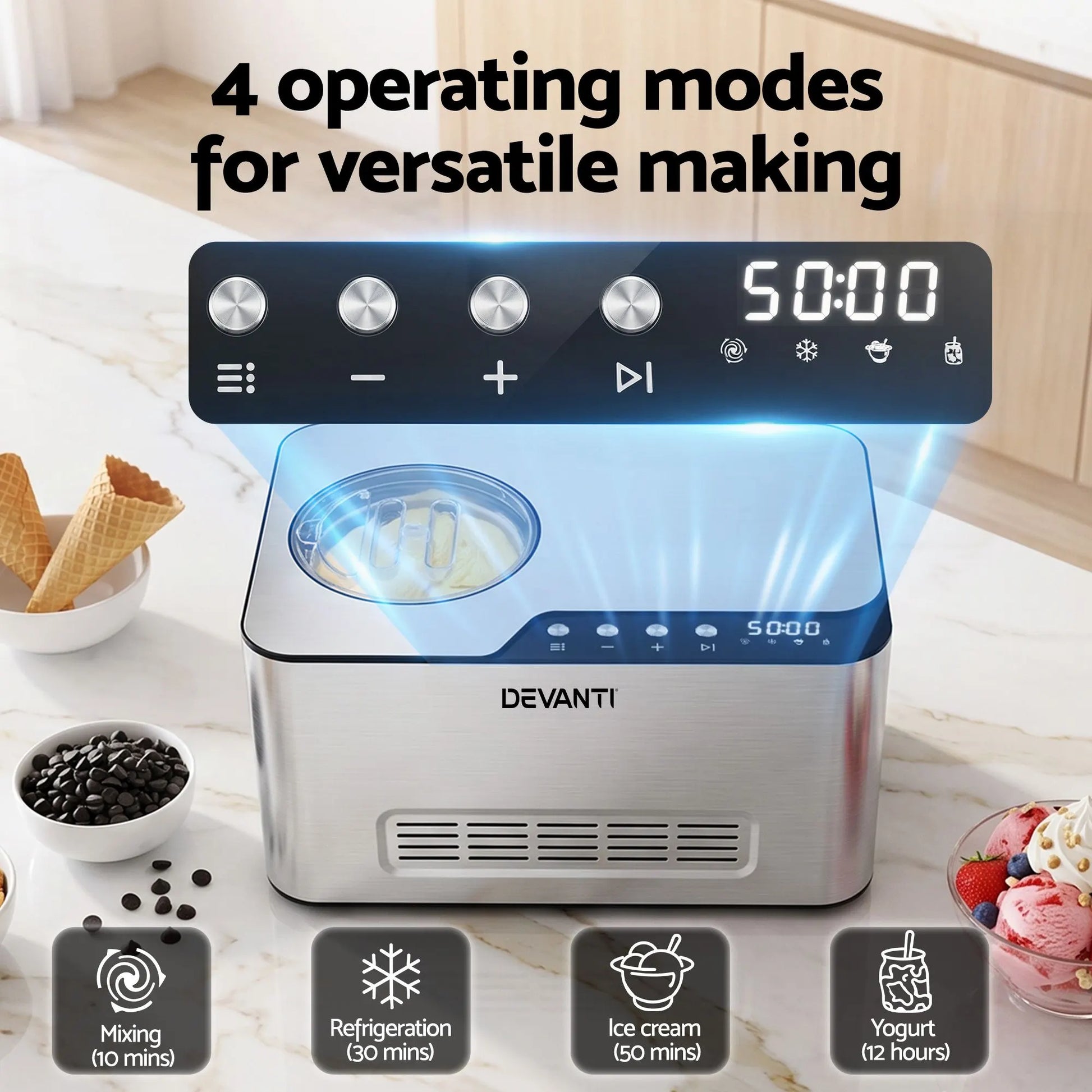 Devanti 2L 2-in-1 Ice Cream & Yogurt Maker Machine No Pre-Freezing Homemade Gelato Sorbet - Image 6