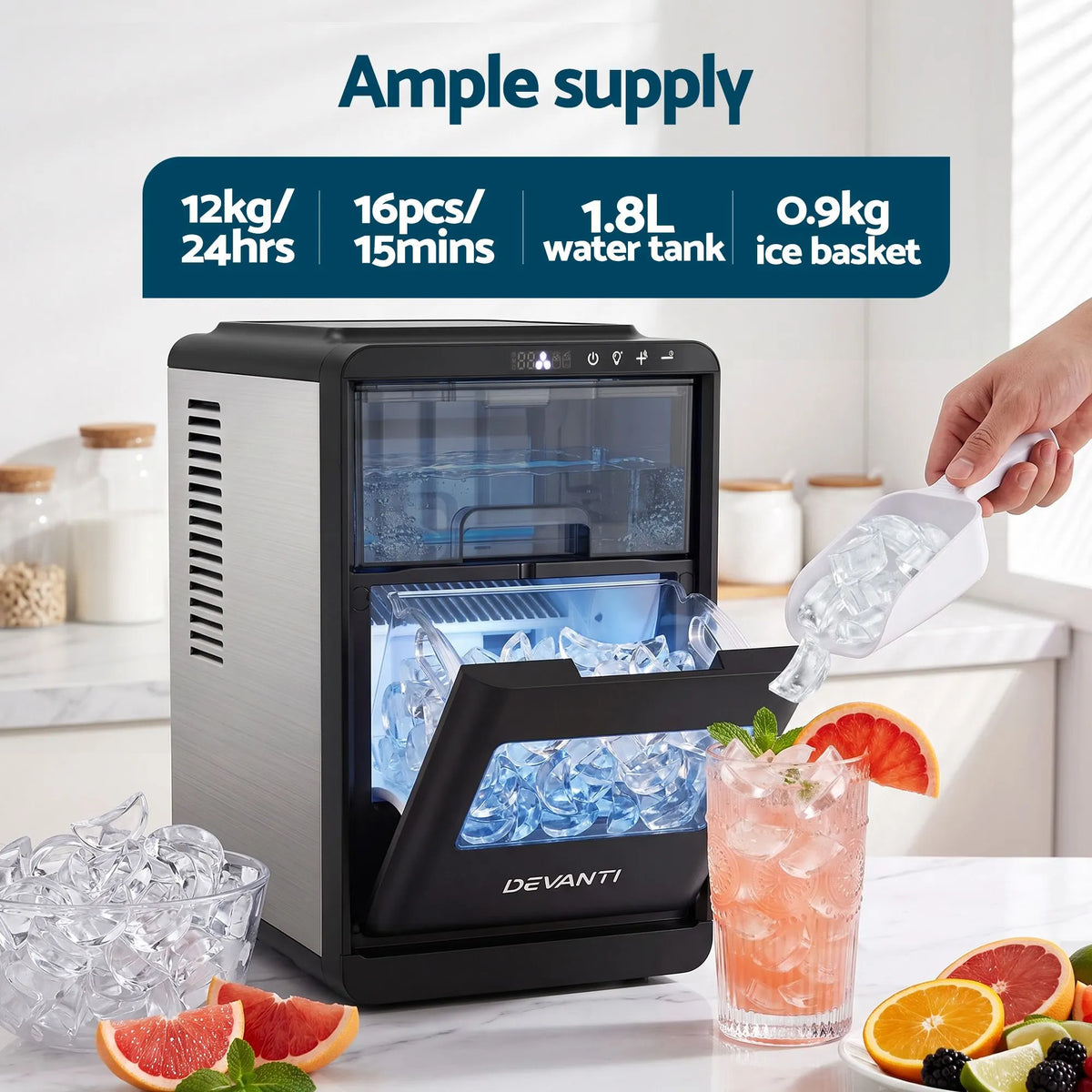 Devanti Ice Maker Crescent Ice 16pcs Countertop Machine 12KG/24H for Home - Image 5