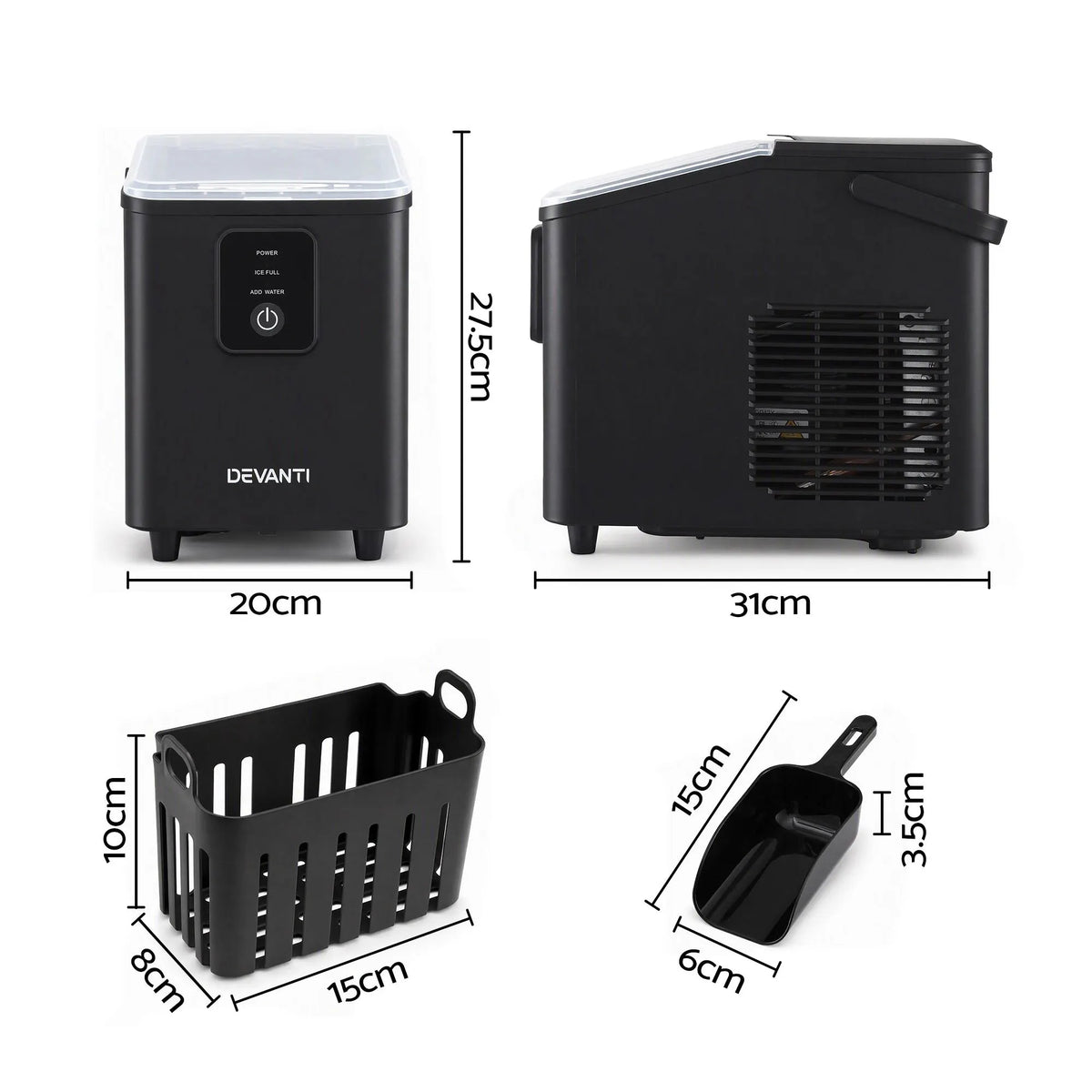 Devanti Ice Maker 11-12kg Portable Bullet Cube Machine Black - Image 3