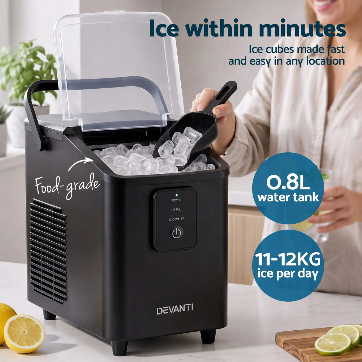Devanti Ice Maker 11-12kg Portable Bullet Cube Machine Black - Image 4