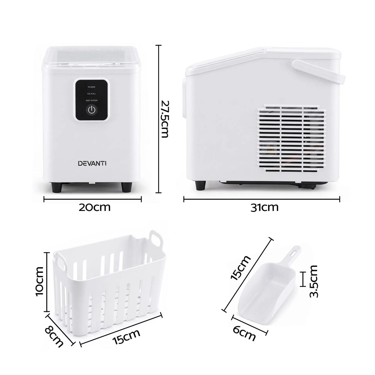 Devanti Ice Maker 11-12kg Portable Bullet Cube Machine White - Image 3