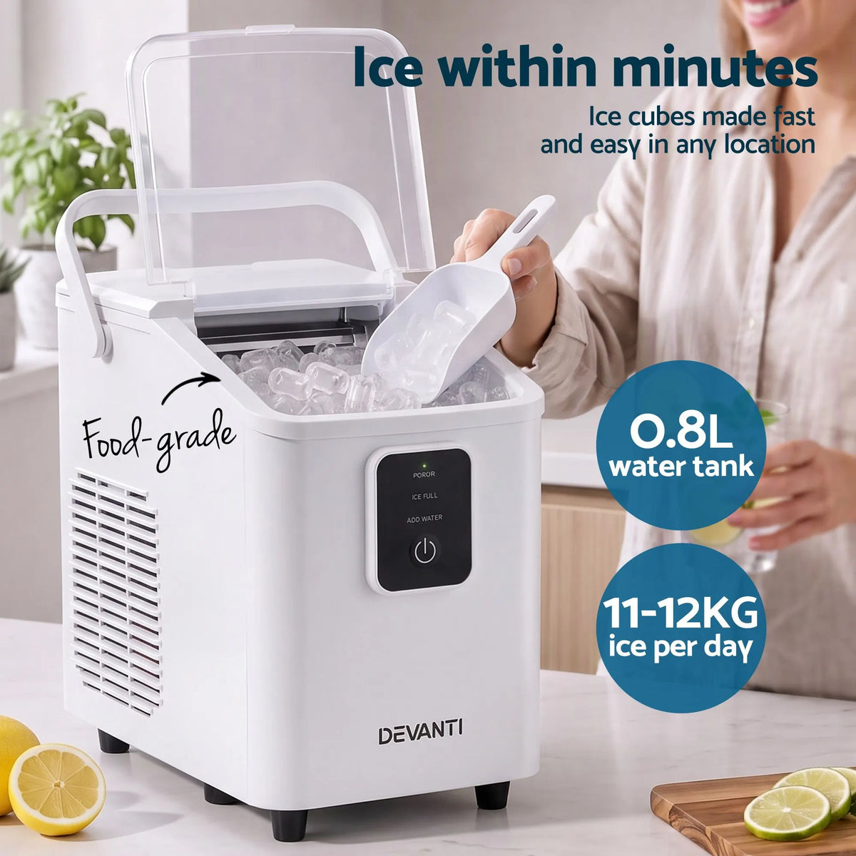Devanti Ice Maker 11-12kg Portable Bullet Cube Machine White - Image 5