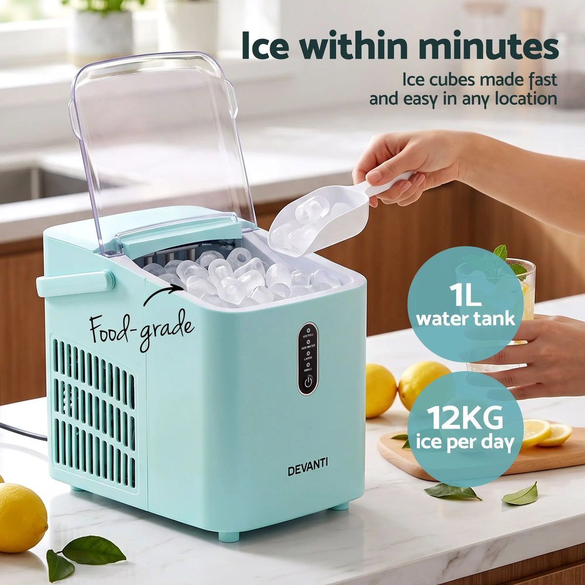 Devanti 12KG Ice Maker Machine Bullet Ice Cube Portable Green - Image 3