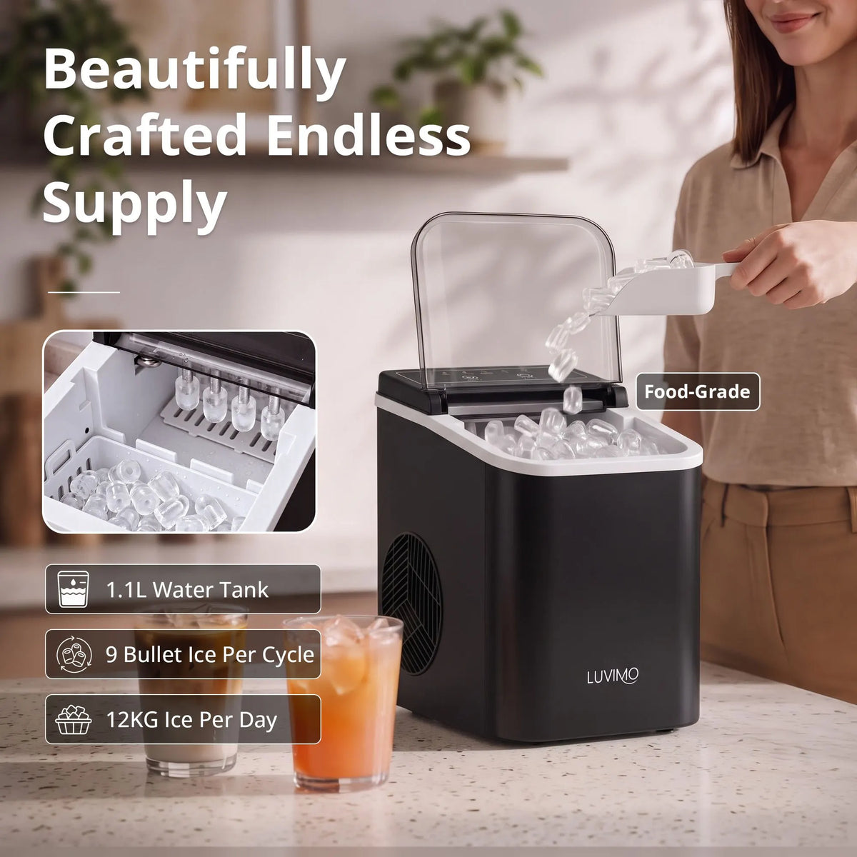 LUVIMO 12kg Ice Maker Machine Full Open Cover Deep Clean - Black - Image 3