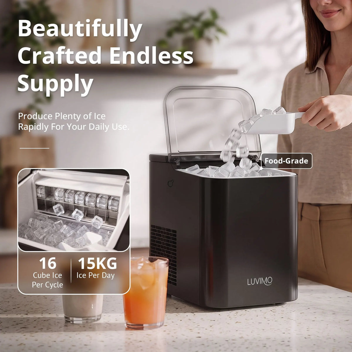 LUVIMO 15kg Ice Maker Machine Double Open Cover Deep Clean - Black - Image 5