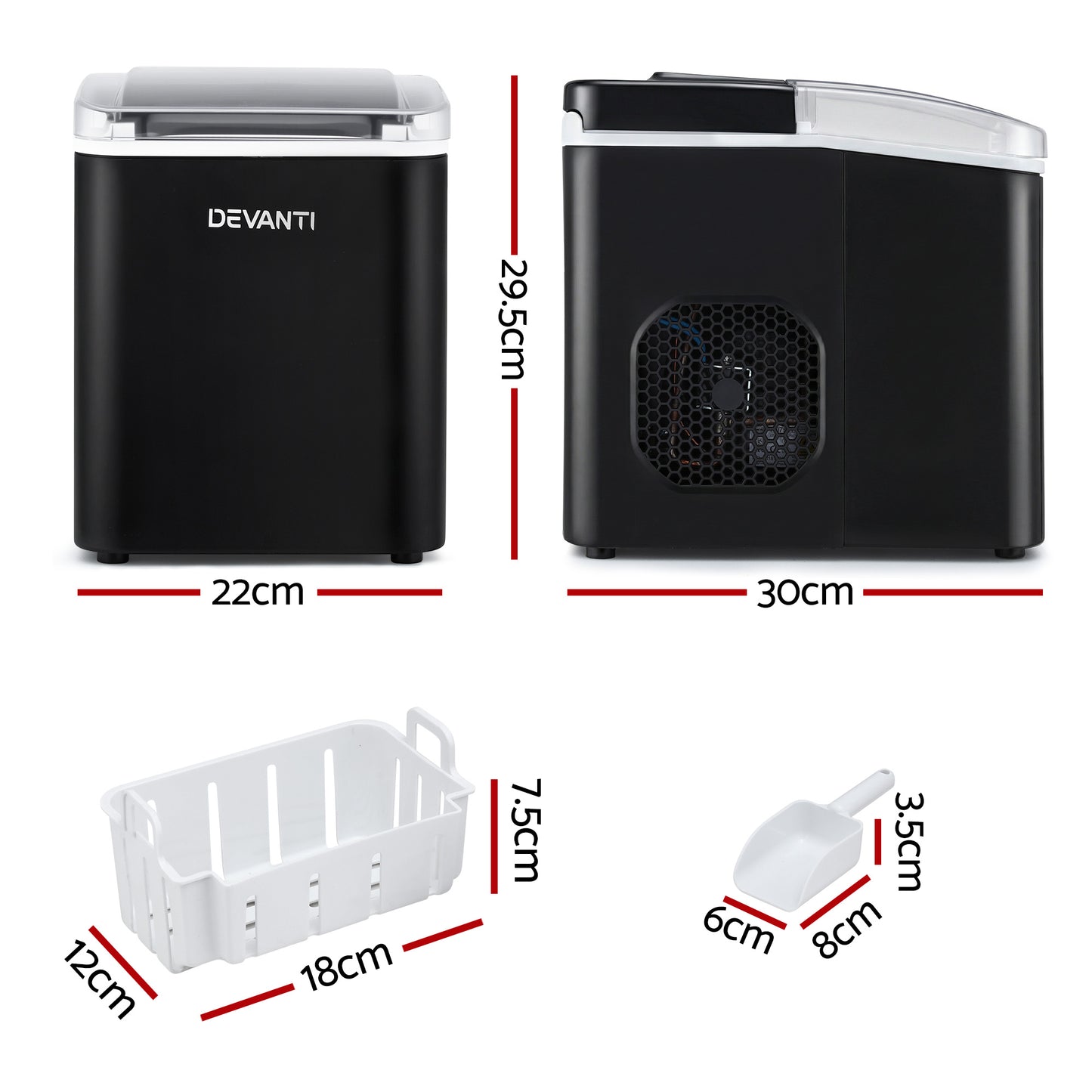 Devanti Ice Maker Machine Portable 12kg Countertop w/Self Cleaning 1.2L Black - Image 2