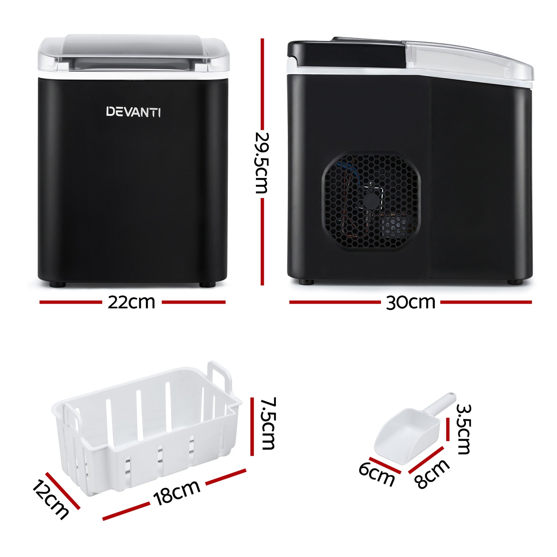 Devanti Ice Maker Machine Portable 12kg Countertop w/Self Cleaning 1.2L Black - Image 2
