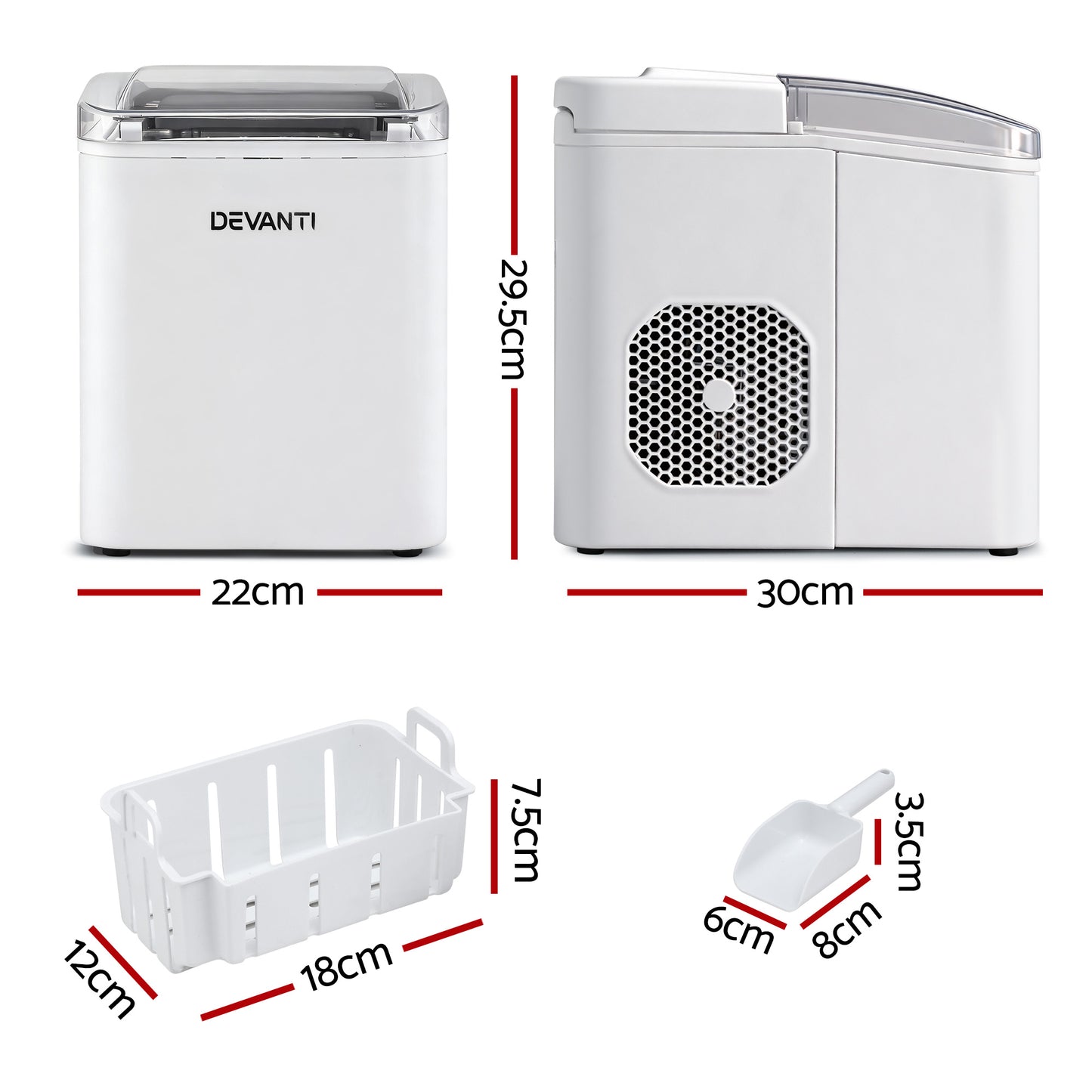 Devanti Ice Maker Machine Portable 12kg Countertop w/Self Cleaning 1.2L White - Image 2
