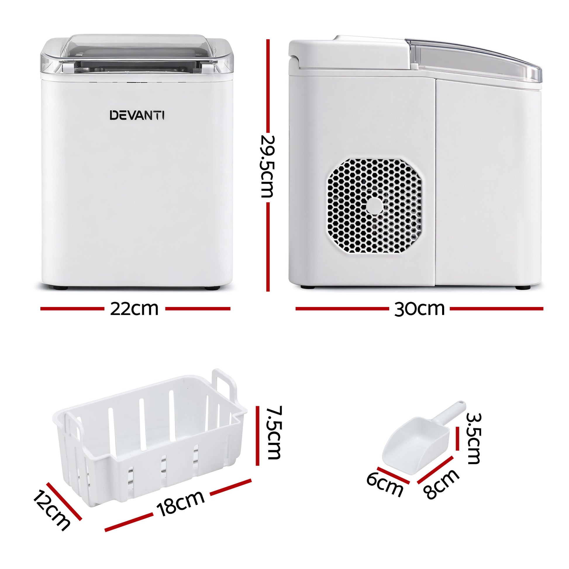 Devanti Ice Maker Machine Portable 12kg Countertop w/Self Cleaning 1.2L White - Image 2