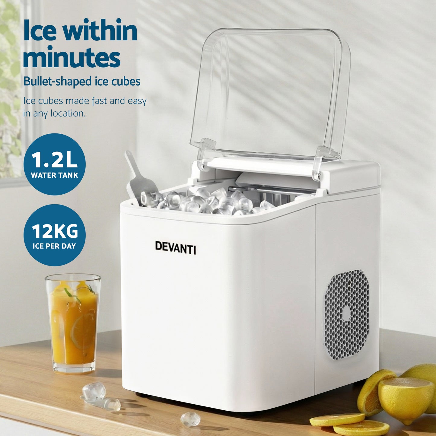 Devanti Ice Maker Machine Portable 12kg Countertop w/Self Cleaning 1.2L White - Image 4