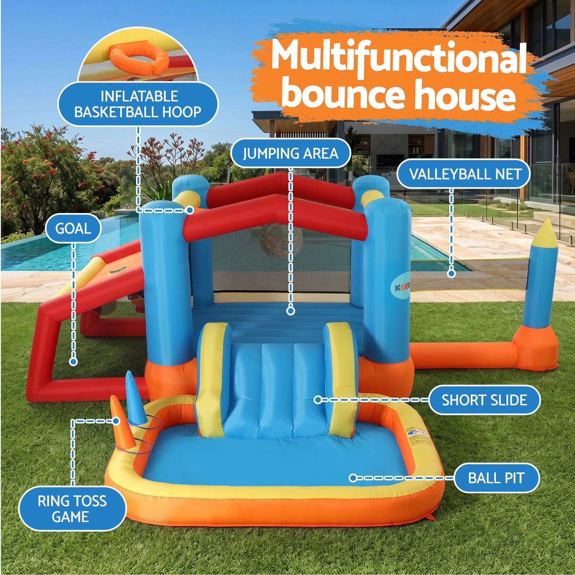 Keezi Inflatable Kids Pool Play Park Jumping Castle Volleyball Net with Blower Balls 4mx4.37m - Image 4