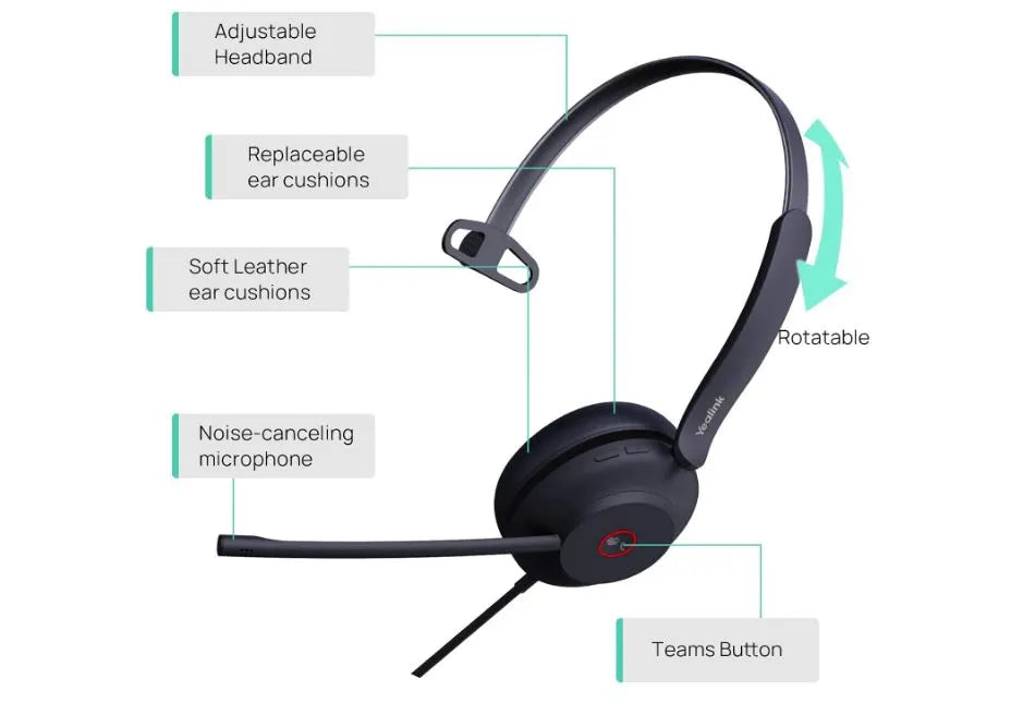 Yealink UH37 Microsoft Teams Certified USB Wired Headset, Mono, USB-A 2.0, 35mm Speaker, Busyligh... - Image 3