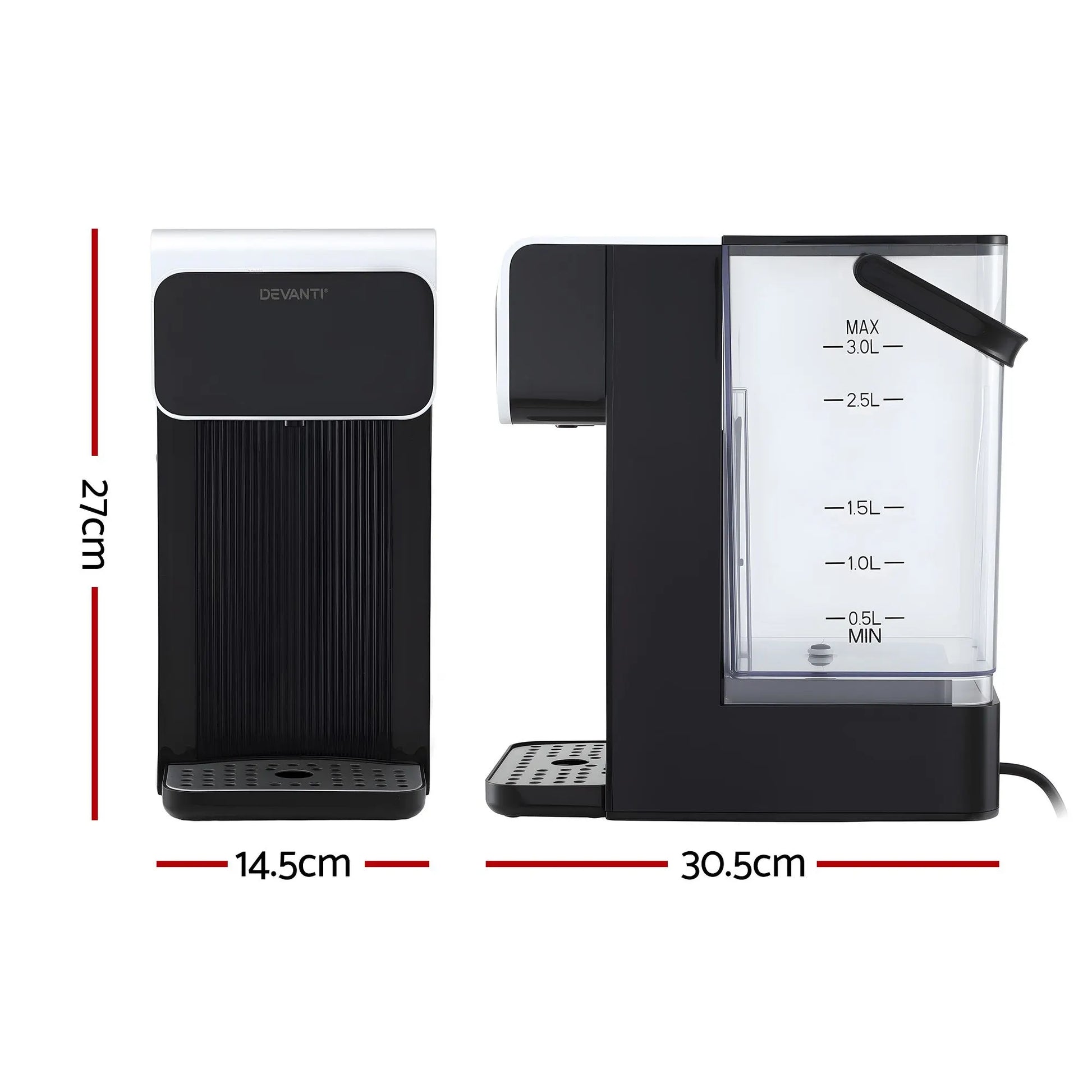 Devanti Instant Hot Water Dispenser 3L Heating Kettle 2400W Touch Control Water Black - Image 2