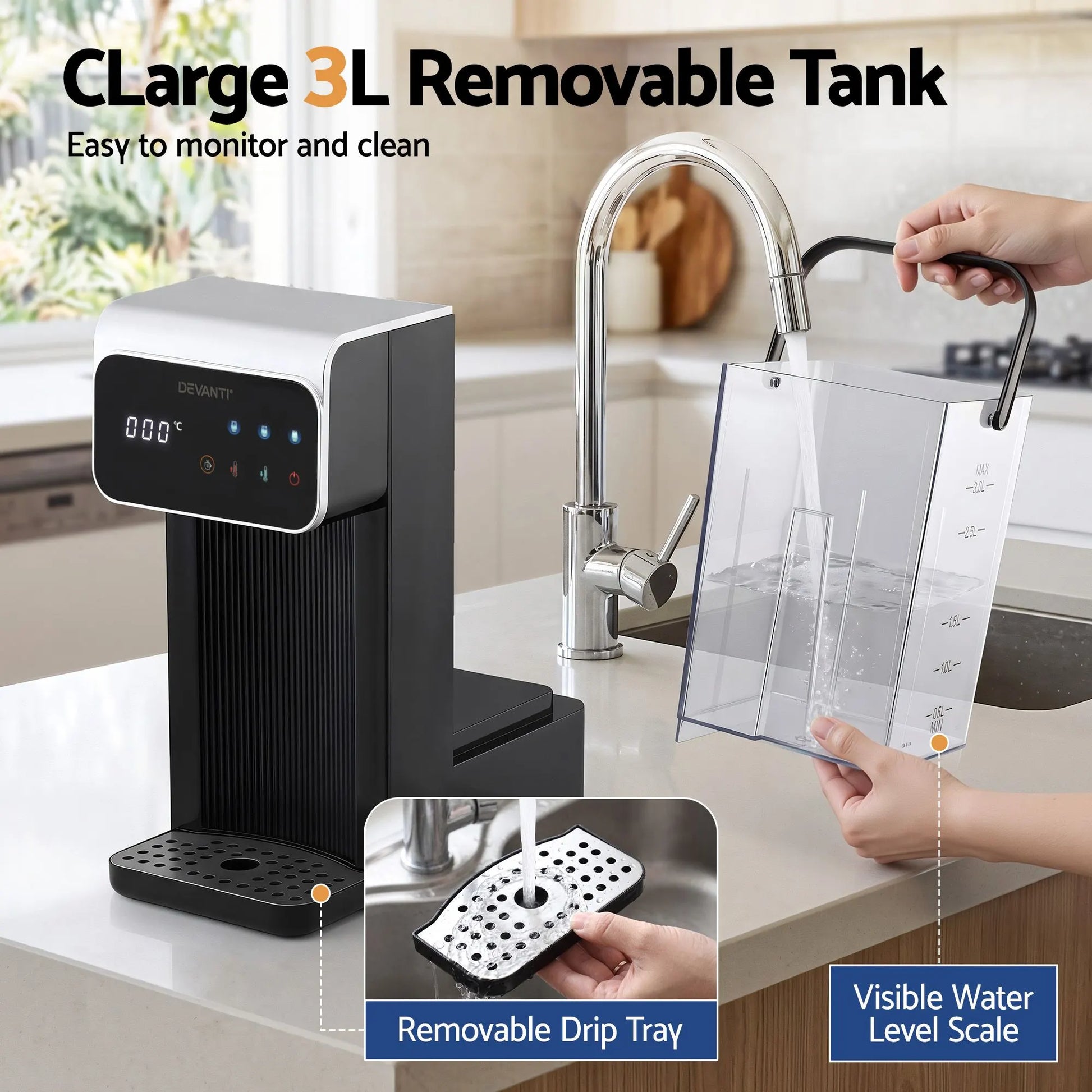 Devanti Instant Hot Water Dispenser 3L Heating Kettle 2400W Touch Control Water Black - Image 7