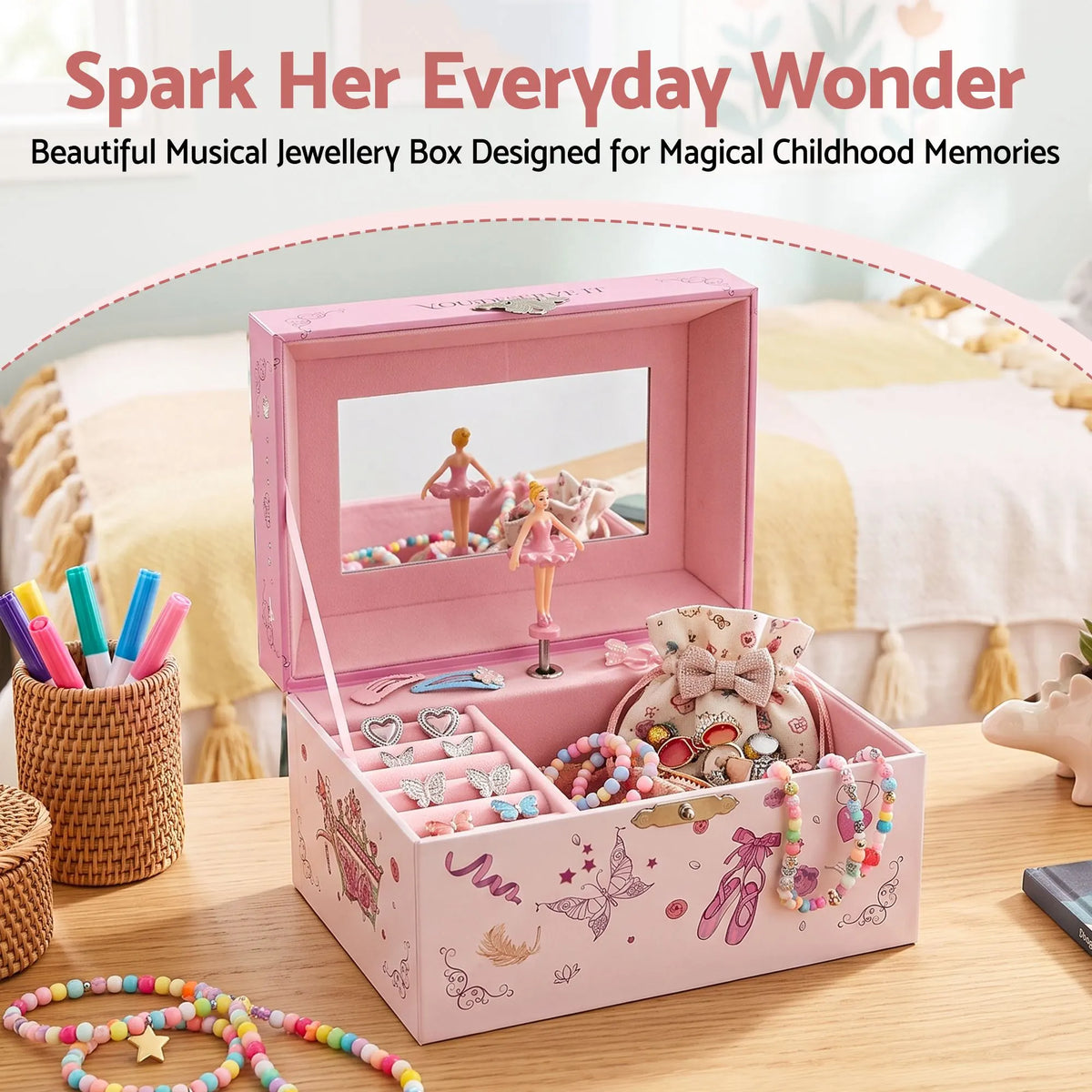 Keezi Kids Jewellery Box Organiser for Girls Kids Music Box Princess Pink - Image 5