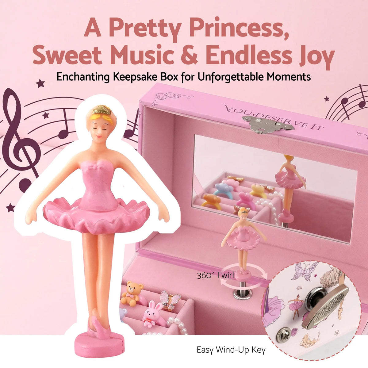 Keezi Kids Jewellery Box Organiser for Girls Kids Music Box Princess Pink - Image 6