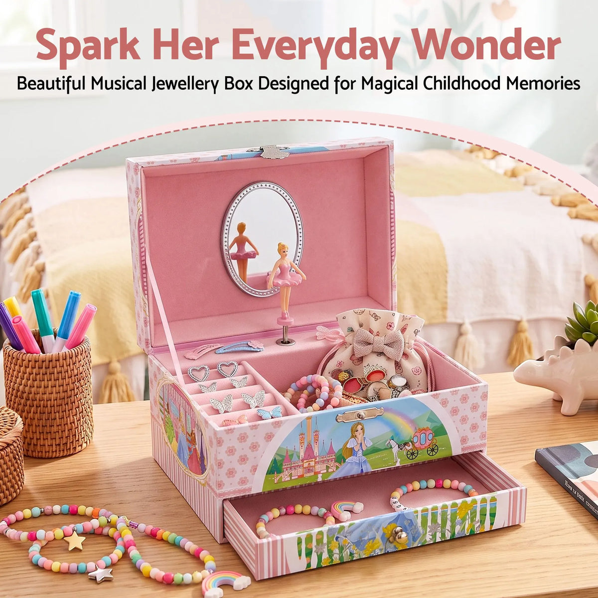 Keezi Kids Jewellery Box Organiser for Girls Kids Music Box with Drawer - Image 5